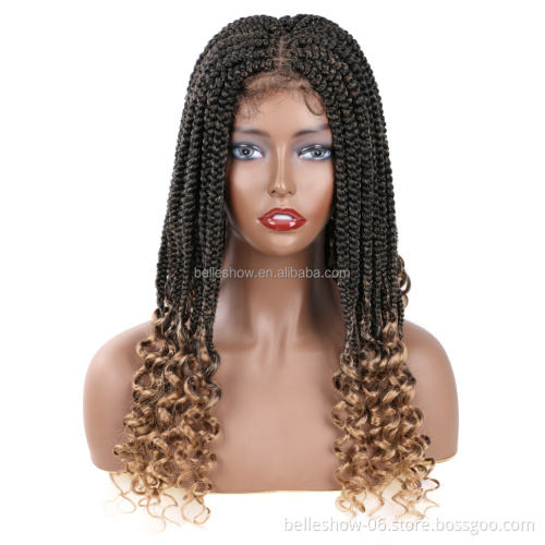 18inch Long Curly Heat Resistant Natural Black Box Braid Synthetic Braiding Hair Wigs Full Handmade 4x4 Lace Front Wig